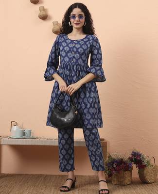 blue cotton maternity a-line kurta pant set 1