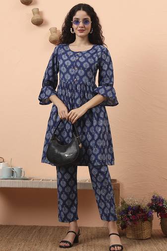 Yufta blue cotton maternity a-line kurta pant set