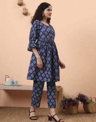 blue cotton maternity a-line kurta pant set 2