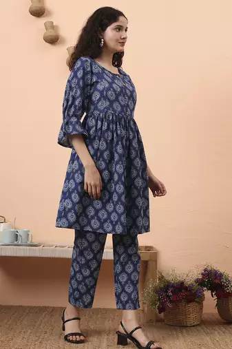 blue cotton maternity a-line kurta pant set