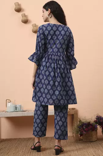 blue cotton maternity a-line kurta pant set