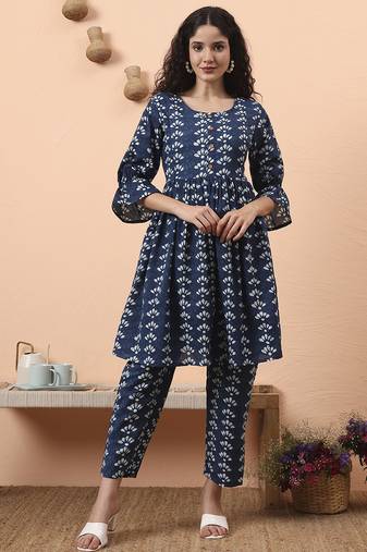 Yufta blue cotton maternity kurta pant set