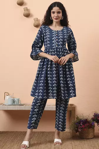 Yufta blue cotton maternity kurta pant set