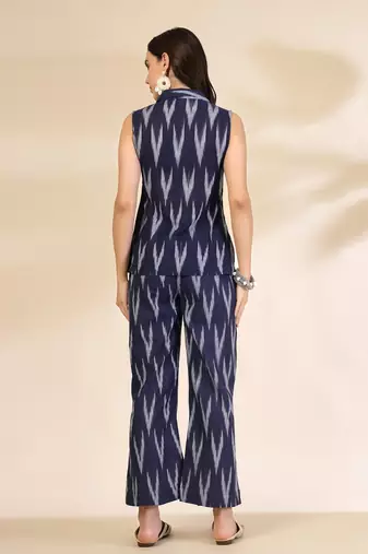 blue cotton front slit ikat co-ord set