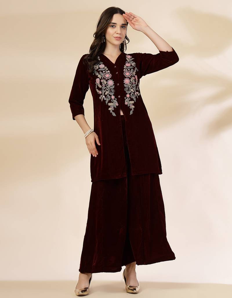 Yufta maroon velvet zari work co-ord set