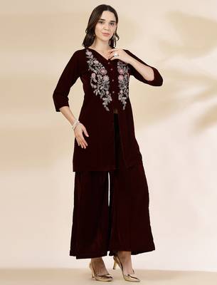 maroon velvet zari work co-ord set 2