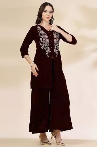 maroon velvet zari work co-ord set
