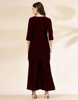 maroon velvet zari work co-ord set 3