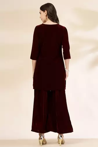 maroon velvet zari work co-ord set