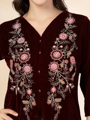 maroon velvet zari work co-ord set 4