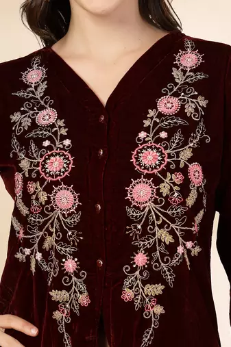 maroon velvet zari work co-ord set