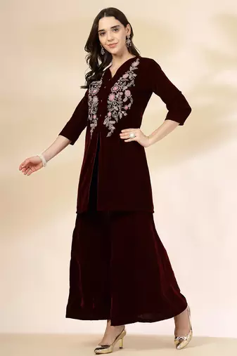 maroon velvet zari work co-ord set