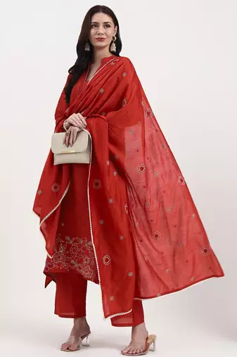 Yufta rust kantha work chanderi silk a-line kurta trouser dupatta set