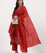 rust kantha work chanderi silk a-line kurta trouser dupatta set