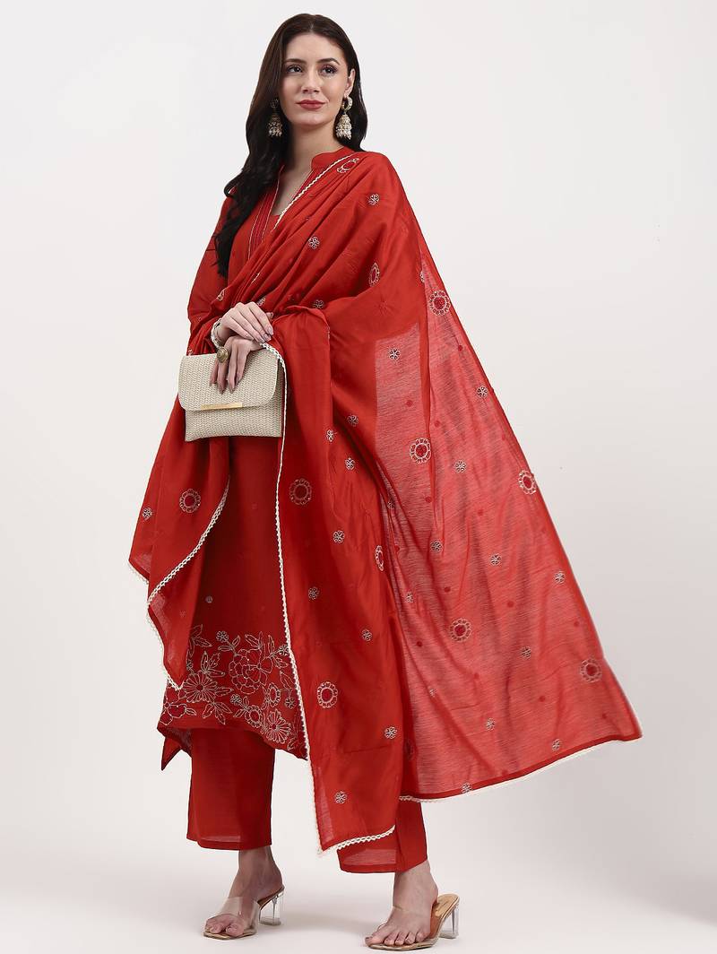 Yufta rust kantha work chanderi silk a-line kurta trouser dupatta set