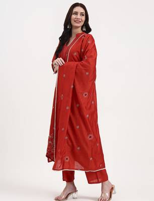 rust kantha work chanderi silk a-line kurta trouser dupatta set 2