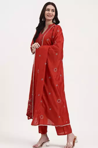 rust kantha work chanderi silk a-line kurta trouser dupatta set