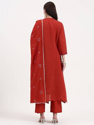 rust kantha work chanderi silk a-line kurta trouser dupatta set 3