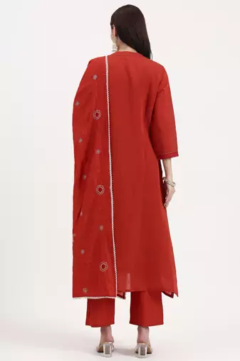 rust kantha work chanderi silk a-line kurta trouser dupatta set