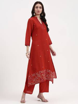 rust kantha work chanderi silk a-line kurta trouser dupatta set 5