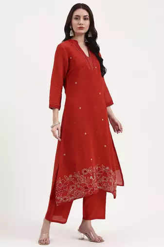 rust kantha work chanderi silk a-line kurta trouser dupatta set
