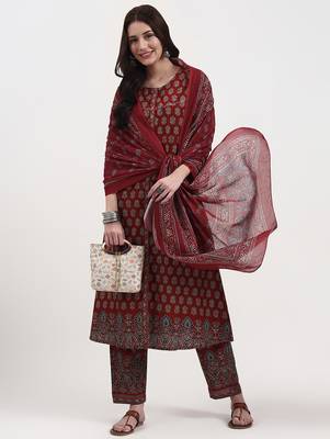 rust pure cotton a flared kurta set with pant and dupatta 1