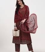 rust pure cotton a flared kurta set with pant and dupatta