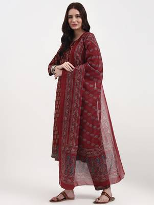 rust pure cotton a flared kurta set with pant and dupatta 2