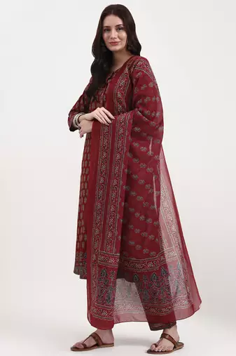 rust pure cotton a flared kurta set with pant and dupatta