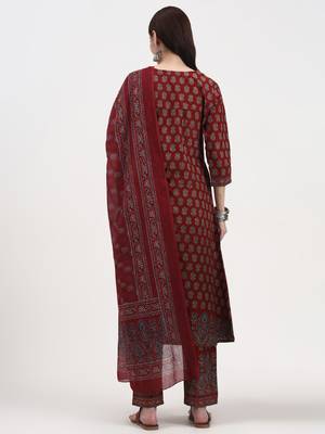 rust pure cotton a flared kurta set with pant and dupatta 3
