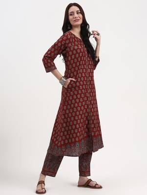rust pure cotton a flared kurta set with pant and dupatta 5
