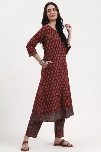 rust pure cotton a flared kurta set with pant and dupatta