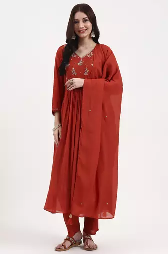 Yufta rust solid chanderi silk a-line kurta trouser dupatta set
