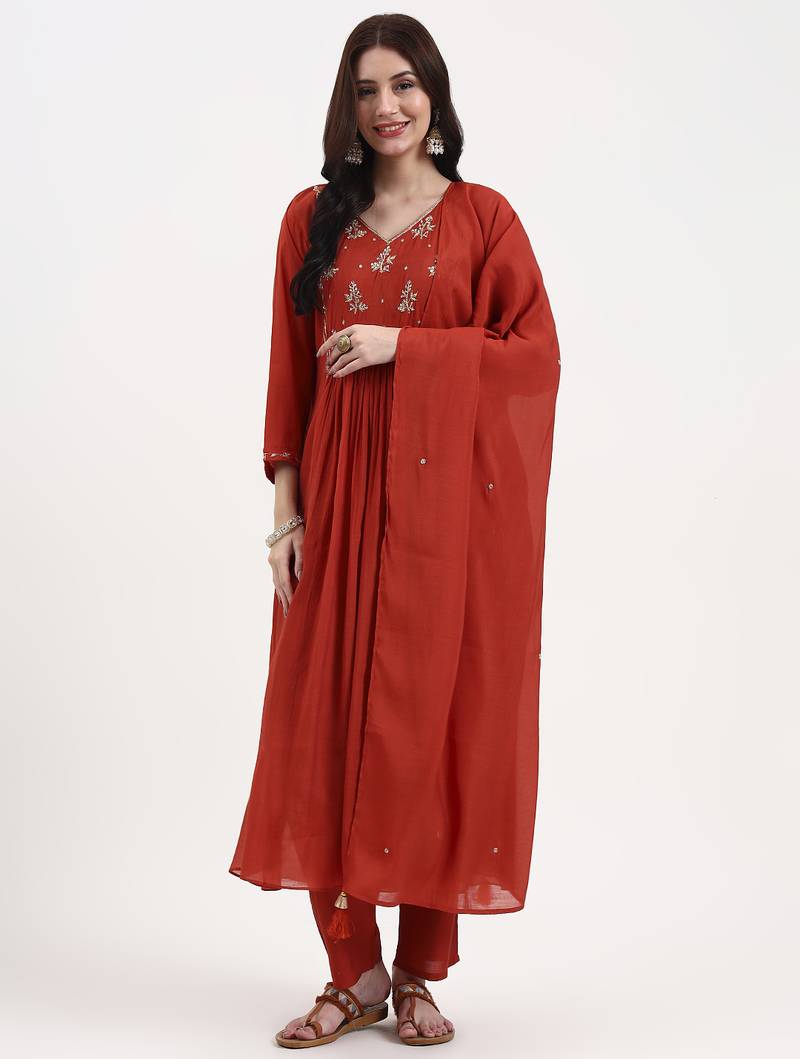 Yufta rust solid chanderi silk a-line kurta trouser dupatta set