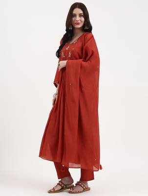 rust solid chanderi silk a-line kurta trouser dupatta set 2