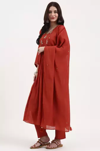 rust solid chanderi silk a-line kurta trouser dupatta set