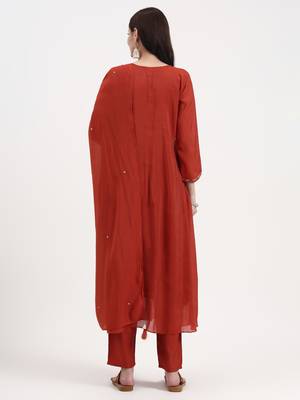 rust solid chanderi silk a-line kurta trouser dupatta set 3