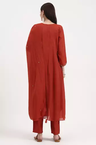 rust solid chanderi silk a-line kurta trouser dupatta set
