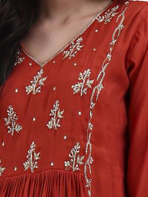 rust solid chanderi silk a-line kurta trouser dupatta set 4
