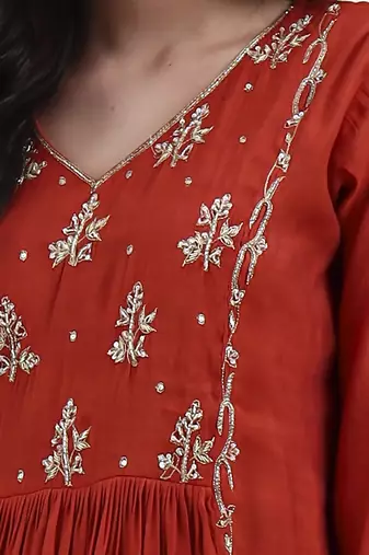 rust solid chanderi silk a-line kurta trouser dupatta set