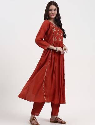 rust solid chanderi silk a-line kurta trouser dupatta set 5