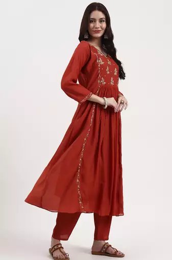 rust solid chanderi silk a-line kurta trouser dupatta set