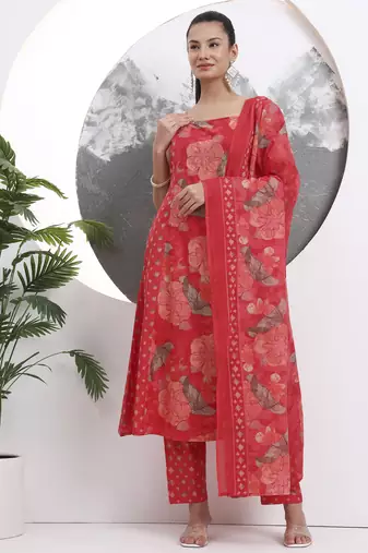 Yufta red floral print sequins work cotton kurta trouser with dupatta set