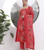 red floral print sequins work cotton kurta trouser with dupatta set