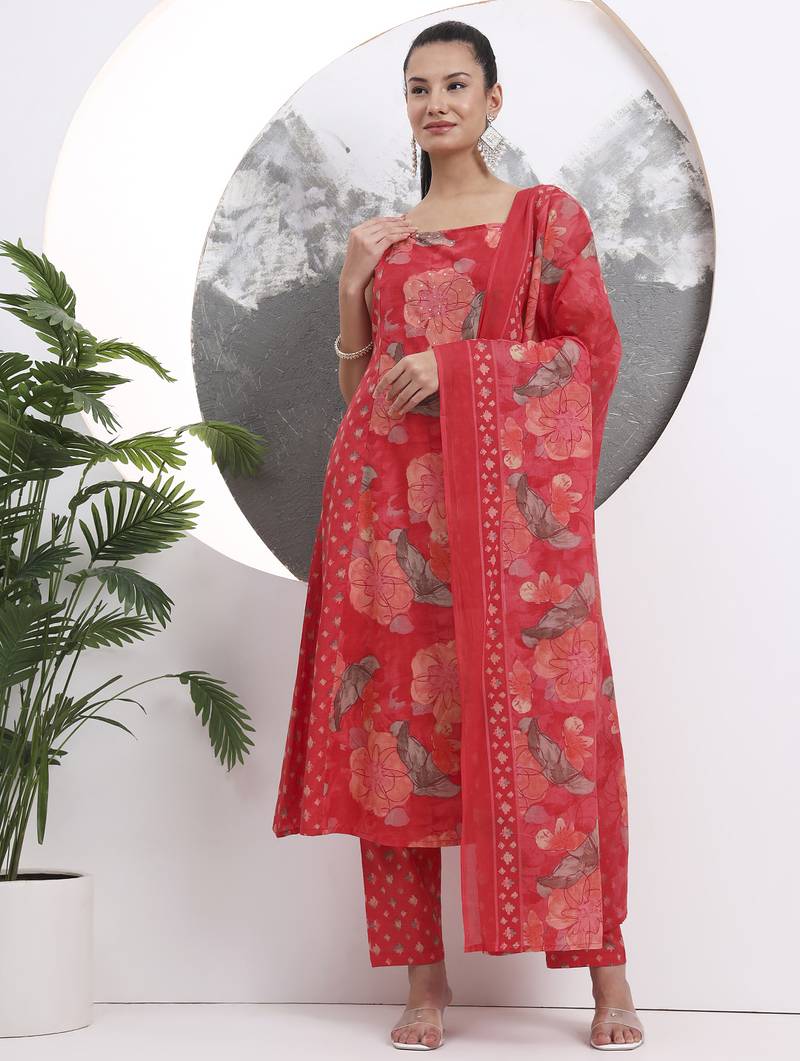 Yufta red floral print sequins work cotton kurta trouser with dupatta set