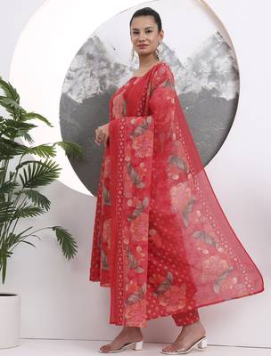red floral print sequins work cotton kurta trouser with dupatta set 2