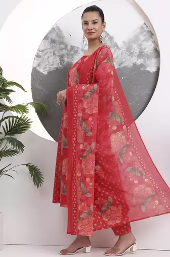 red floral print sequins work cotton kurta trouser with dupatta set