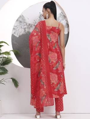 red floral print sequins work cotton kurta trouser with dupatta set 3