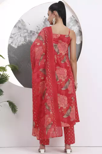 red floral print sequins work cotton kurta trouser with dupatta set