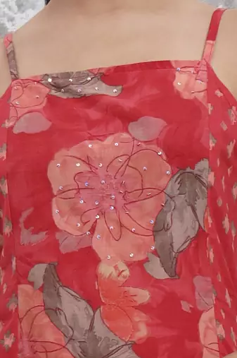 red floral print sequins work cotton kurta trouser with dupatta set